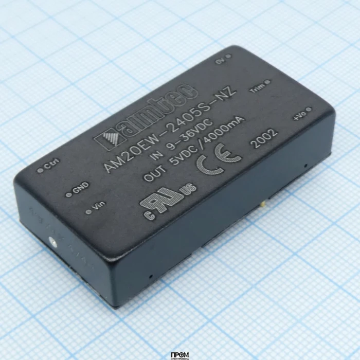 AM20EW-2405S-NZ, DC/DC, 20Вт, вход 9…36В, выход 5В/4А, изоляция 1500В DC, КПД 90%, максимальная емкостная нагрузка не более 10000мкФ, вход On/Off, 2x1", 50.8x25.4x11.8мм, -40…85°C, металл