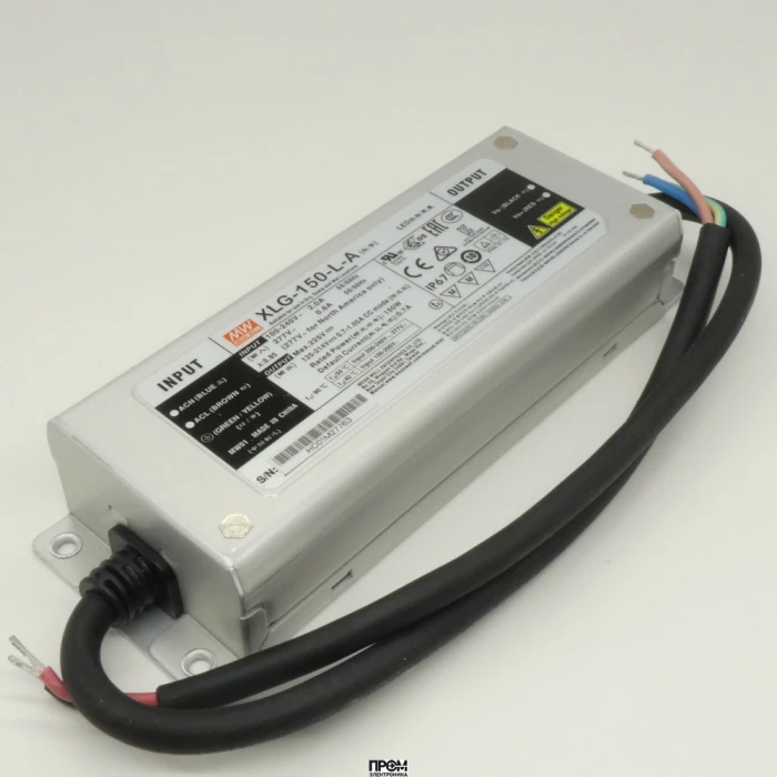 XLG-150-L-A, AC-DC, 150Вт, стабилизатор тока, IP67, вход 90…305В AC, 47…63Гц, ККМ, выход 700…1050мА/120…214В (режим пост. мощности), изоляция 3750В AC, в кожухе 180х63х35.5мм, -40…+90°С (корпус), встр. потенциометр
