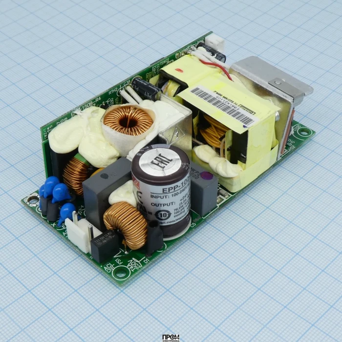 EPP-100-24, AC-DC, 76.8Вт (вент. 100Вт), ККМ, вход 90…264V AC, 47…63Гц /127…370В DC, выход 24В/3.2A (вент. 4.2А), рег. вых 23.52…25.2В, изоляция 3000В AC, открытая плата 102х51х29мм, -30…+70°С, доп. выход 12В/0.3А