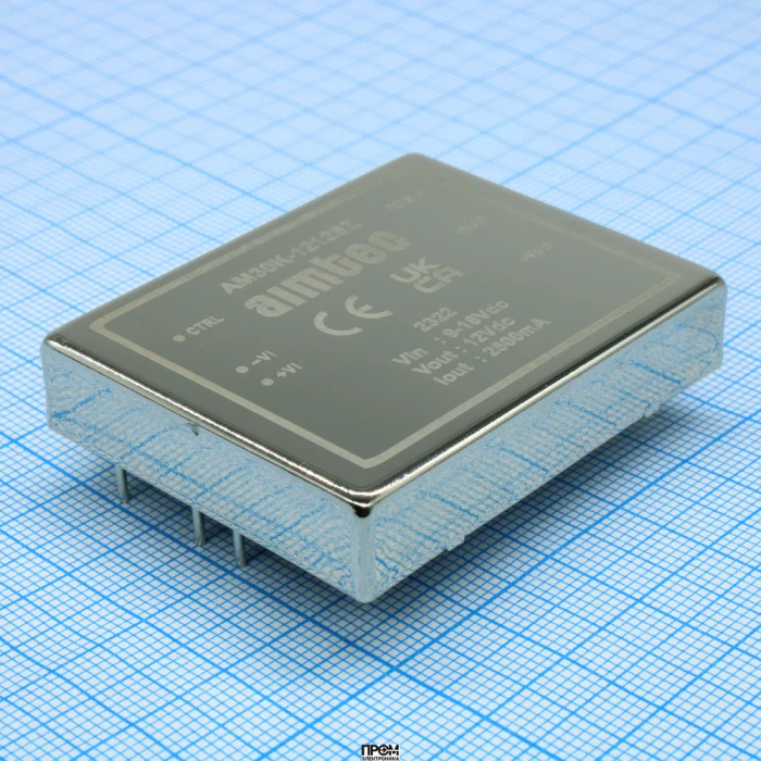AM30K-1212SZ, DC/DC, 30Вт, вход 9…18В, выход 12В/2.5А, изоляция 1500В DC, КПД 90%, максимальная емкостная нагрузка не более 2200мкФ, вход On/Off, 2x1.6", 50.8x40.6x10.2мм, -40…85°C, металл