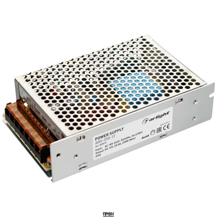 Блок питания ARS-250-12 (12V, 20,8A, 250W) 023612, Источник напряжения с гальванической развязкой для светодиодных изделий. Входное напряжение 185-264 VAC. Выходные параметры: 12 В, 20,8 А, 250 Вт. Встроенный PFC >0,5. Негерметичный алюминиевый сетчатый к
