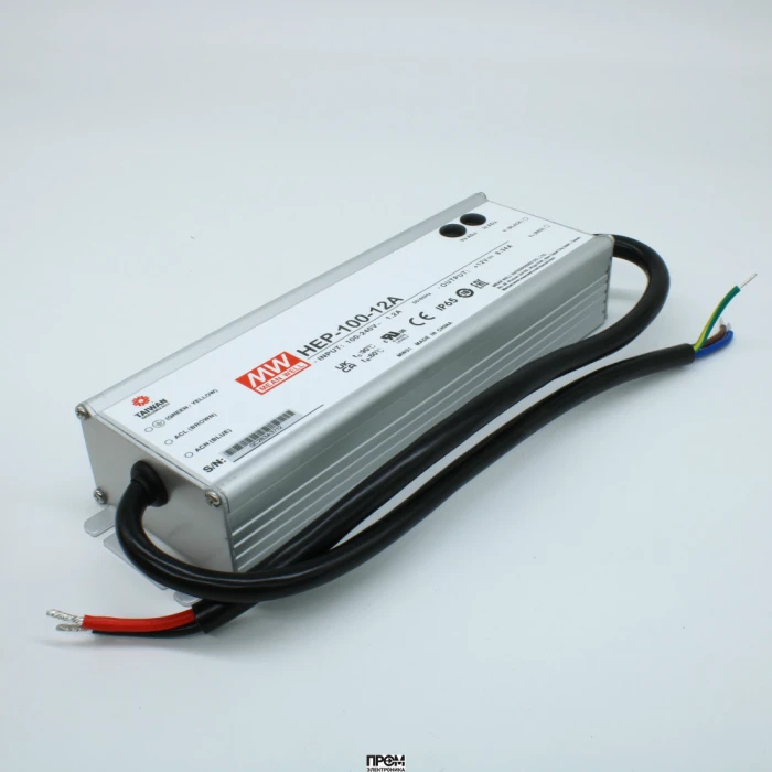 HEP-100-12A, AC-DC, 100.08Вт, вход 85…264V AC, 47…63Гц /120…370В DC, выход 12В/8.34A (рег.10.8…13.5В), изоляция 3750В AC, в корпусе 220х68х38.8мм, -55…+70°С, корректор коэф. мощности, IP65