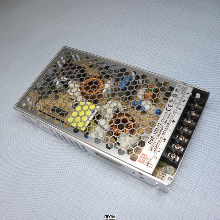 RSP-100-12, AC-DC, 102Вт, ККМ, вход 85…264В AC, 47…63Гц /120…370В DC, выход 12В/8.5A, рег. вых 11.4…13.2В, изоляция 3750В AC, в корпусе 179х99х30мм, -30…+70°С