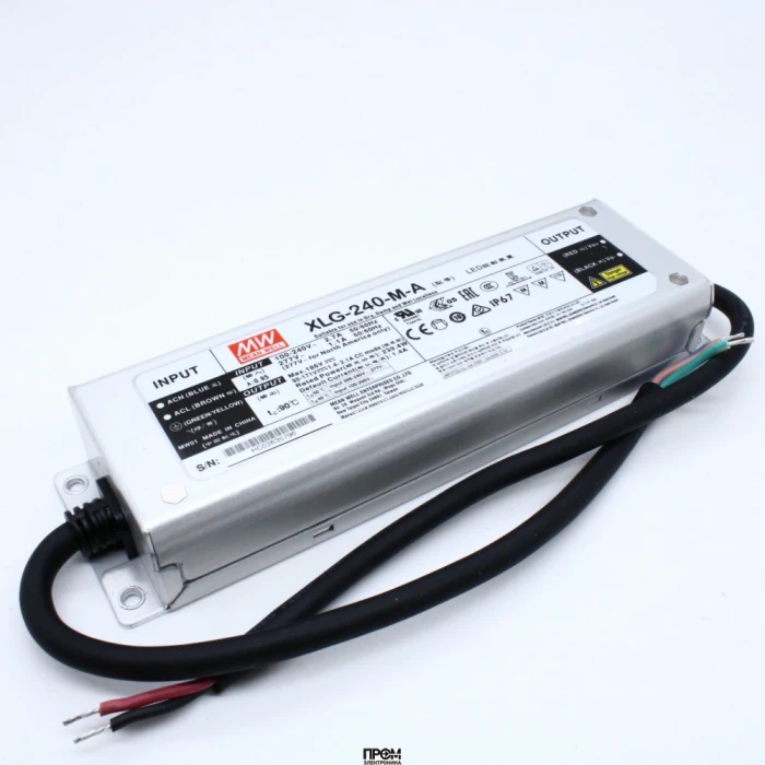 XLG-240-M-A, AC-DC, 239.4Вт, стабилизатор тока, IP67, вход 100…305В AC, 47…63Гц, ККМ, выход 1400…2100мА/90…171В (режим пост. мощности), изоляция 3750В AC, в кожухе 219х63х35.5мм, -40…+90°С (корпус), встр. потенциометр