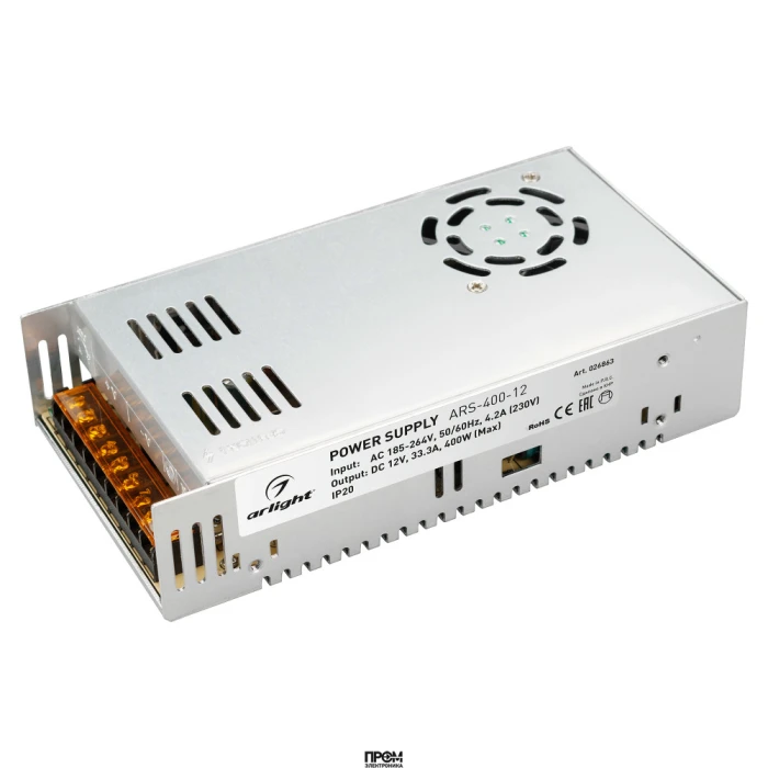Блок питания ARS-400-12 (12V, 33.3A, 400W) 026863, Источник напряжения с гальванической развязкой для светодиодных изделий. Входное напряжение 185-264 VAC. Выходные параметры: 12 В, 33,3 А, 400 Вт. Встроенный PFC >0,5. Негерметичный алюминиевый сетчатый к