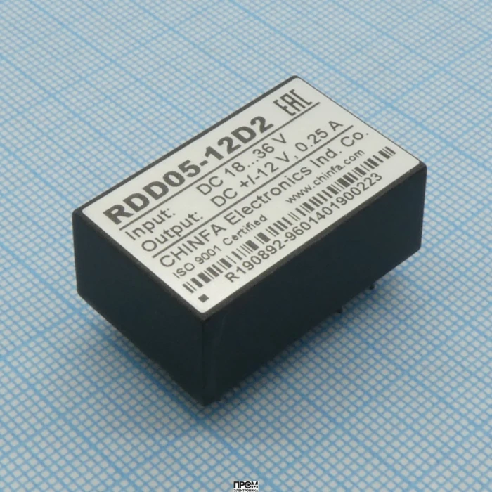 RDD05-12D2, Преобразователь DC/DC, 5Вт, Uвх=18...36В, Uвых=±12В/±250мА, изоляция 1500В DC, 32х20х12.7мм, -25°С…+71°С