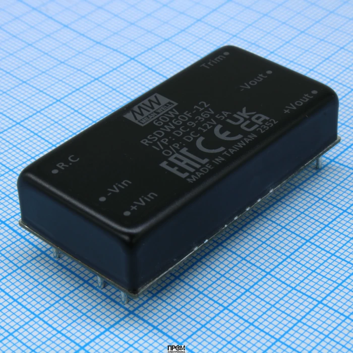 RSDW60F-12, DC/DC, 60Вт, вход 9…36В, выход 12В/5А, изоляция 3000В DC, КПД 91%, максимальная емкостная нагрузка не более 5850мкФ, 2x1", 50.8x25.4x10.5мм, -40…85°C