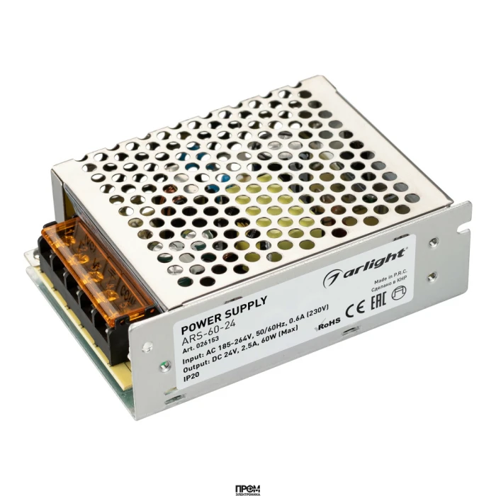 Блок питания ARS-60-24 (24V, 2.5A, 60W) 026153, Источник напряжения с гальванической развязкой для светодиодных изделий. Входное напряжение 185-264 VAC. Выходные параметры: 24 В, 2,5 А, 60 Вт. Встроенный PFC >0,5. Негерметичный алюминиевый сетчатый корпус