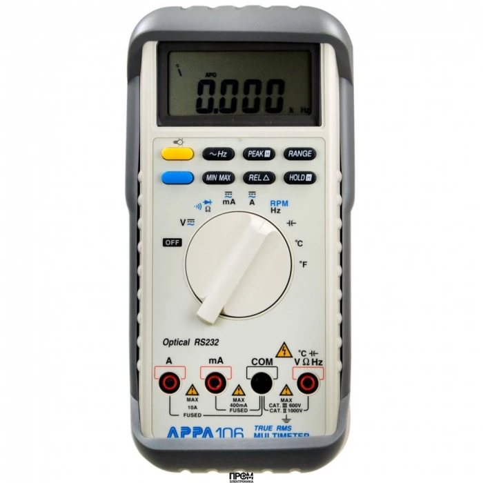 APPA 106, Цифровой мультиметр с автоматическим выбором пределов измерений, особенности: измерение частоты вращения RPM, измерение температуры, USB интерфейс