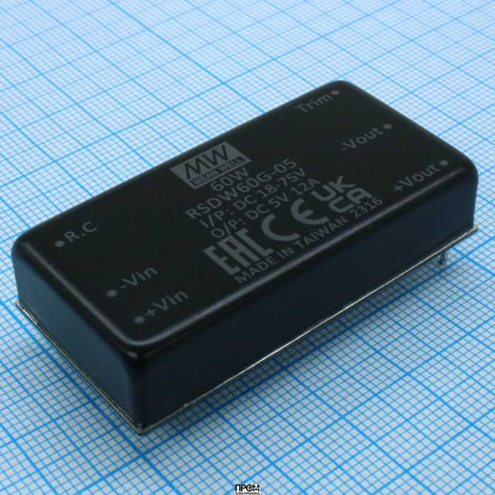 RSDW60G-05, DC/DC, 60Вт, вход 18…75В, выход 5В/12А, изоляция 3000В DC, КПД 91%, максимальная емкостная нагрузка не более 28000мкФ, 2x1", 50.8x25.4x10.5мм, -40…85°C