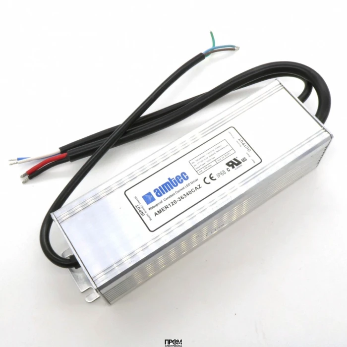 AMER120-36340CAZ, AC-DC led, 122.4 Вт, выход DC 24...36В, Iстаб=3400мА, стаб. тока/стаб.напр., IP68, вход AC 90...305В, DC 120...430В, PFC, КПД 85%, изоляция 3750В AC, в корпусе, -55...+85°С