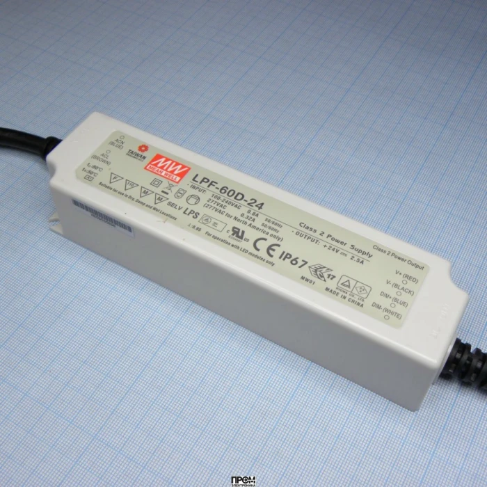 LPF-60D-24, AC/DC LED CC, 60Вт, вход 90…305В AC, 47…63Гц /127…431В DC, выход 14.4…24В/2.4A, ККМ, изоляция 3750В AC, в кожухе 162.5х43х32мм, -40…+80°С, IP67, димминг