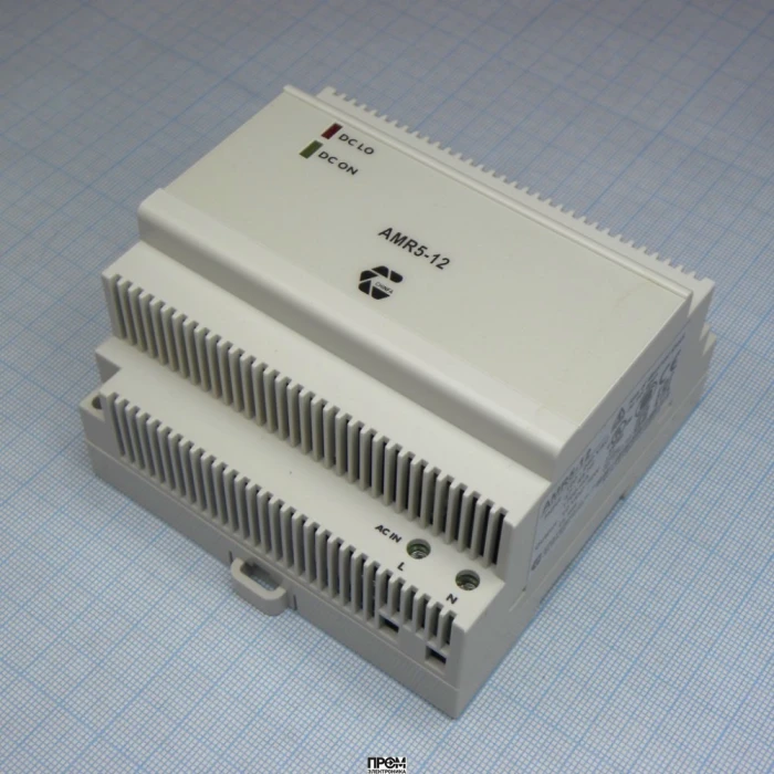 AMR5-12, Преобразователь AC-DC на DIN-рейку 72Вт, выход 12В/до 6А, вход 90...264 В AC 47...63Гц/120...370В DC, изоляция 3000В AC, в кожухе , 90х91х91мм, -40...+71°С