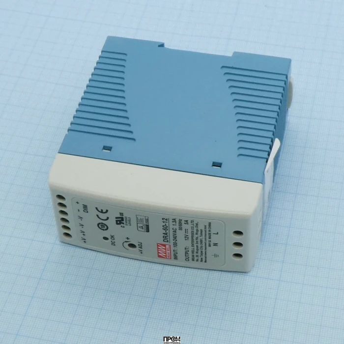DRA-60-12, Преобразователь AC-DC на DIN-рейку 60Вт, выход 12В/5A, рег. вых 12…15В, димминг 3 в 1, вход 90…264V AC, 47…63Гц /127…370В DC, изоляция 3000В AC, 40х90х100мм, -30…+70°С