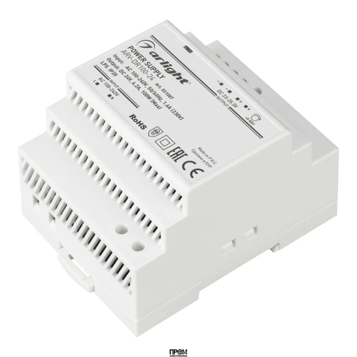 Блок питания ARV-DR100-24 (24V, 4.2A, 100W) 031087, Источник напряжения с гальванической развязкой для светодиодных изделий. Входное напряжение 100-240 VAC. Выходные параметры: 24 В, 4.2 А, 100 Вт. Негерметичный пластиковый корпус IP 20 для установки на D