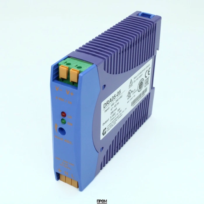 DRA05-05, Преобразователь AC-DC на DIN-рейку 5Вт, выход 5В/1A, рег. вых 4.5…5.75В, вход 90…265V AC, 47…63Гц / 120...370V DC , изоляция 3000V AC, : 115х90х23мм, -20…+71°С, пружинные клеммы