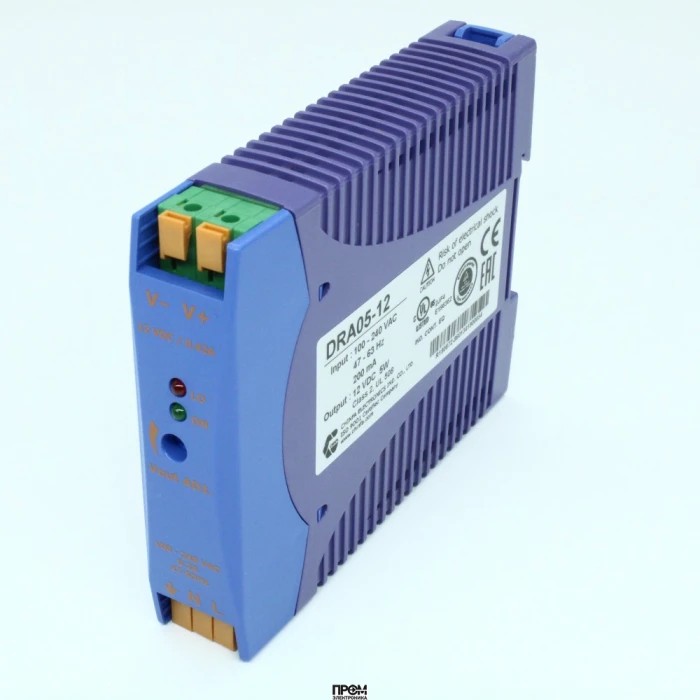 DRA05-12, Преобразователь AC-DC на DIN-рейку 5Вт, выход 12В/0.42A, рег. вых 10.8…13.8В, вход 90…265V AC, 47…63Гц / 120...370V DC , изоляция 3000V AC, : 115х90х23мм, -20…+71°С, пружинные клеммы