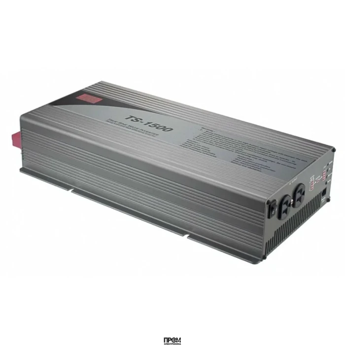 TS-1500-212B, DC-AC, 1500Вт, Рпик=1875Вт(10сек), Uвх=10.5…15В DC, Uвых=200/220/230/240В АС 50/60Гц, КГИ<3%, КПД 88%, изоляция 3000В AC, в кожухе 420х220х88мм, 0…+40/60°С, RS-232/RJ11, выход розетка EU
