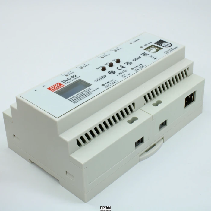 DLC-02, AC-DC, 8Вт, контроллер DALI-2, вход 100…305ВAC 47…63Гц/140…430В DC, выход 2х16В/0.24А - питание двух шин DALI, 144х90х58.3мм, на DIN-рейку, -25...+45°C, 4 встр. реле