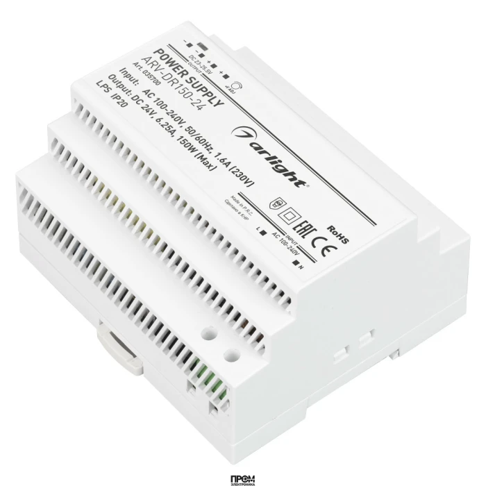 Блок питания ARV-DR150-24 (24V, 6.25A, 150W) 035700, Источник напряжения с гальванической развязкой для светодиодных изделий. Входное напряжение 100-240 VAC. Выходные параметры: 24 В, 6.25 А, 150 Вт. Негерметичный пластиковый корпус IP 20 для установки на