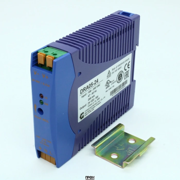 DRA05-24, Преобразователь AC-DC на DIN-рейку 5Вт, выход 24В/0.21A, рег. вых 21.6…28.8В, вход 90…265V AC, 47…63Гц / 120...370V DC , изоляция 3000V AC, : 115х90х23мм, -20…+71°С, пружинные клеммы