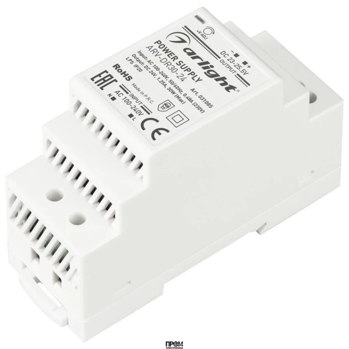 Блок питания ARV-DR30-24 (24V, 1.25A, 30W) 031085, Источник напряжения с гальванической развязкой для светодиодных изделий. Входное напряжение 100-240 VAC. Выходные параметры: 24 В, 1.25 А, 30 Вт. Негерметичный пластиковый корпус IP 20 для установки на DI