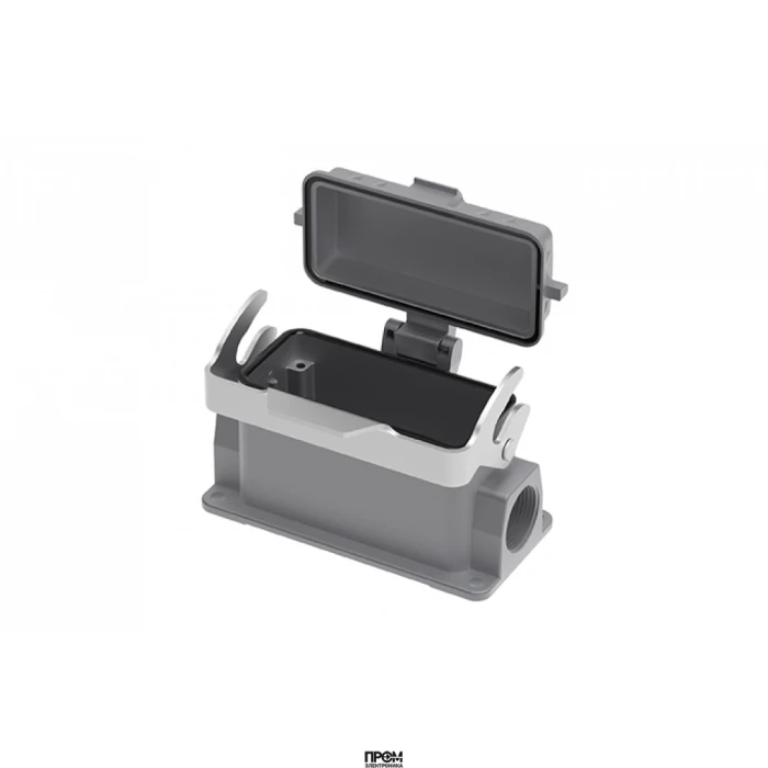 Закрытое основание разъема S16B-SM-1L.M-2M25-PC, Основание разъема на панель, закрытое, типоразмер 16B, с уплотнителем, 2 отверстия с резьбой для кабельных вводов M25x1,5, с одной защелкой, с защитной крышкой, материал корпуса: алюминиевый сплав