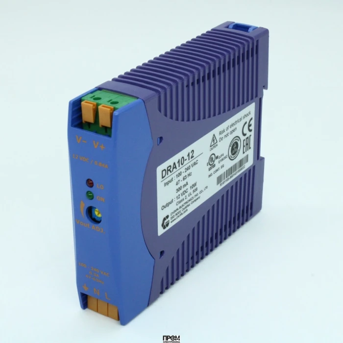 DRA10-12, Преобразователь AC-DC на DIN-рейку 10Вт, выход 12В/0.84A, рег. вых 10.8…13.8В, вход 90…265V AC, 47…63Гц / 120...370V DC , изоляция 3000V AC, : 115х90х23мм, -20…+71°С, пружинные клеммы