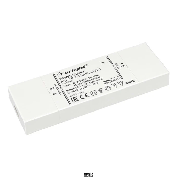 Блок питания ARV-SP-24120-FLAT-PFC (24V, 5A, 120W) 033263, Источник напряжения с гальванической развязкой для светодиодных изделий. Входное напряжение 220-240 VAC. Выходные параметры: 24 В, 5 А, 120 Вт. Встроенный PFC >0.95. Сверхтонкий пластиковый корпус