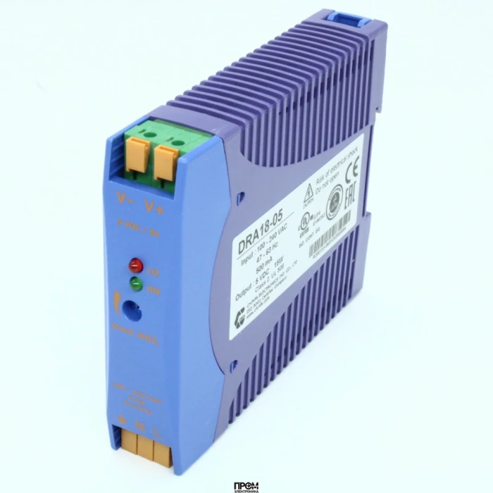 DRA18-05, Преобразователь AC-DC на DIN-рейку 15Вт, выход 5В/3A, рег. вых 4.5…5.75В, вход 90…265V AC, 47…63Гц / 120...370V DC , изоляция 3000V AC, : 115х90х23мм, -20…+71°С, пружинные клеммы