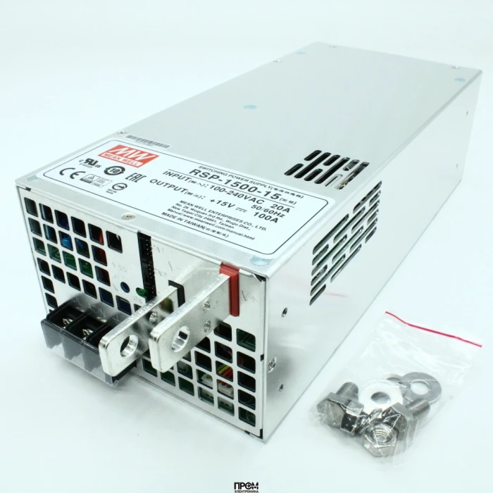 RSP-1500-15, AC-DC, 1500Вт, вход 90…264V AC, 47…63Гц /127…370В DC, выход 15В/0…100A, рег. вых=±10%Uном, изоляция 3000В AC, в корпусе 278х127х83.5мм, -20…+70°С