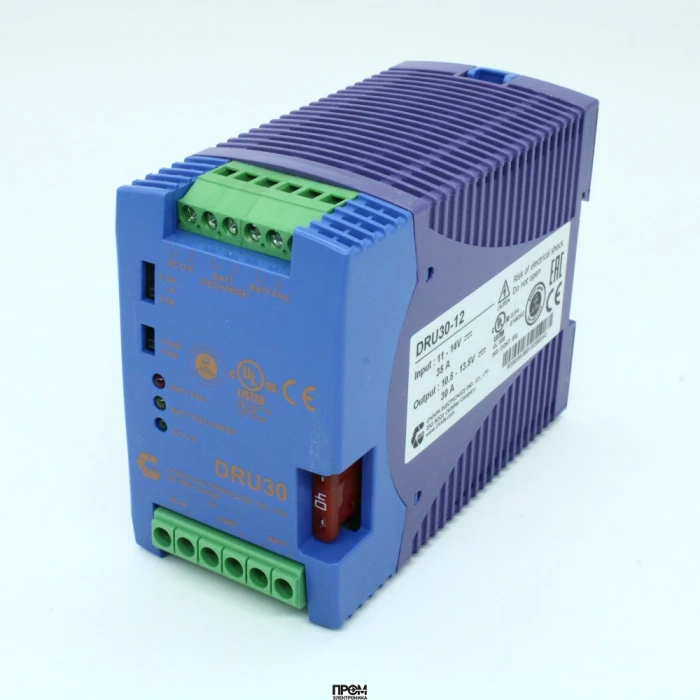 DRU30-12, DC-DC, DIN-рейка контролер для UPS систем для аккумуляторов 4…12а*ч, вход 11…14В DC, выход 10.5...13.5В/30А, 90х54х114мм, -40…+71°С