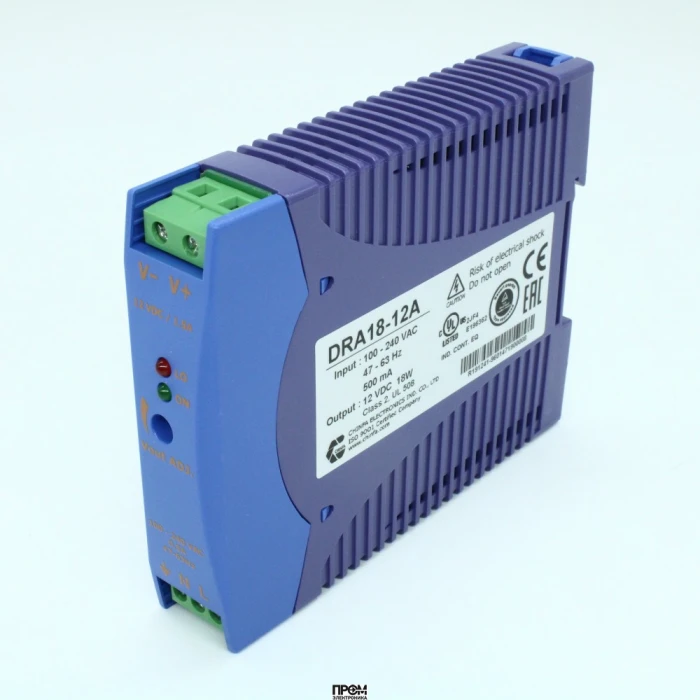 DRA18-12A, Преобразователь AC-DC на DIN-рейку 18Вт, выход 12В/1.5A, рег. вых 10.8…13.8В, вход 90…265V AC, 47…63Гц / 120...370V DC , изоляция 3000V AC, : 115х90х23мм, -20…+71°С, винтовые клеммы