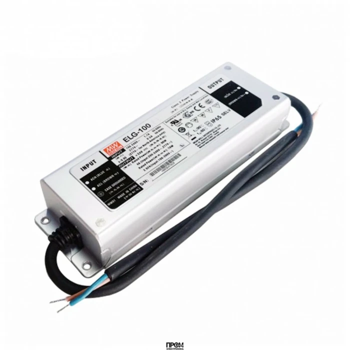ELG-100-24B, AC-DC, 96Вт, IP67, вход 100…305В AC, 47…63Гц/142…431В DC, ККМ, выход 12...24В/4А, изоляция 3750В AC, в кожухе 199х63х35,5мм, -40…+70°С, димминг 3 в 1