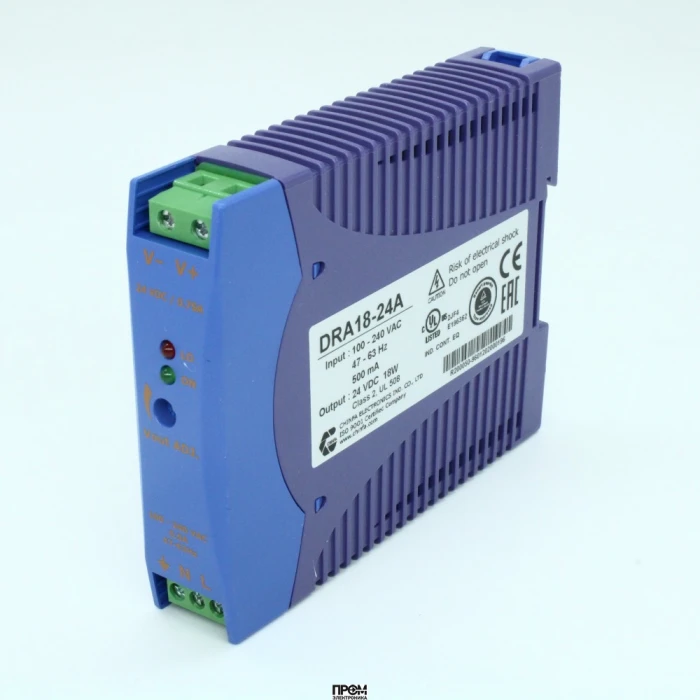 DRA18-24A, Преобразователь AC-DC на DIN-рейку 18Вт, выход 24В/0.75A, рег. вых 21.6…28.8В, вход 90…265V AC, 47…63Гц / 120...370V DC , изоляция 3000V AC, : 115х90х23мм, -20…+71°С, винтовые клеммы