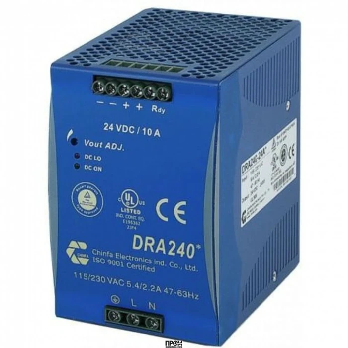 DRA240-24A, Преобразователь AC-DC на DIN-рейку 240Вт, выход 24В/10A, вход 93…264VAC(Автовыбор), 47…63Гц / 210…370VDC, изоляция 3000V AC, : 124.5х83.5х123.6мм, винтовые клеммы, -40…+71°С