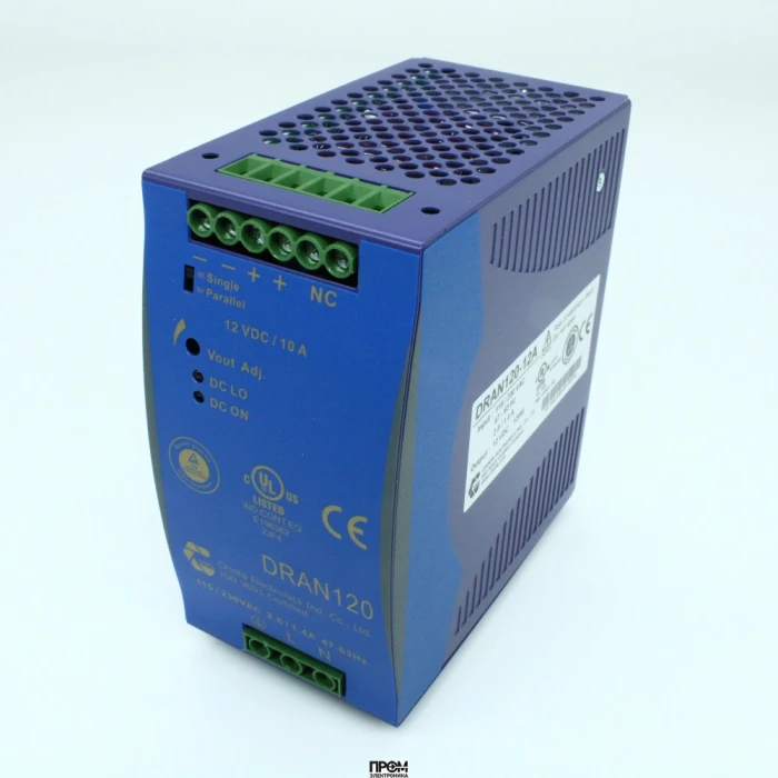 DRAN120-12A, Преобразователь AC-DC на DIN-рейку 120Вт, выход 12В/10A (рег. 11.4...14.5В), вход 186…264V AC, 47…63Гц / 210…370VDC, PFC+паралл., изоляция 3000V AC, : 126х114х64мм, винтовые клеммы, -35…+71°С