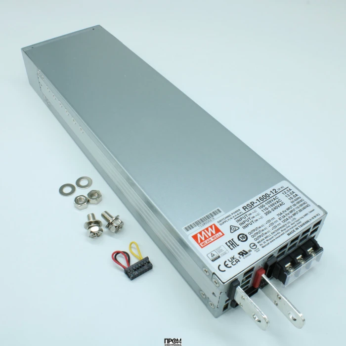 RSP-1600-12, AC-DC, 1500Вт, вход 90…264V AC, 47…63Гц /127…370В DC, выход 12В/125A, рег. вых 11.5…15В, изоляция 3000В AC, в корпусе 300х85х41мм, -30…+70°С