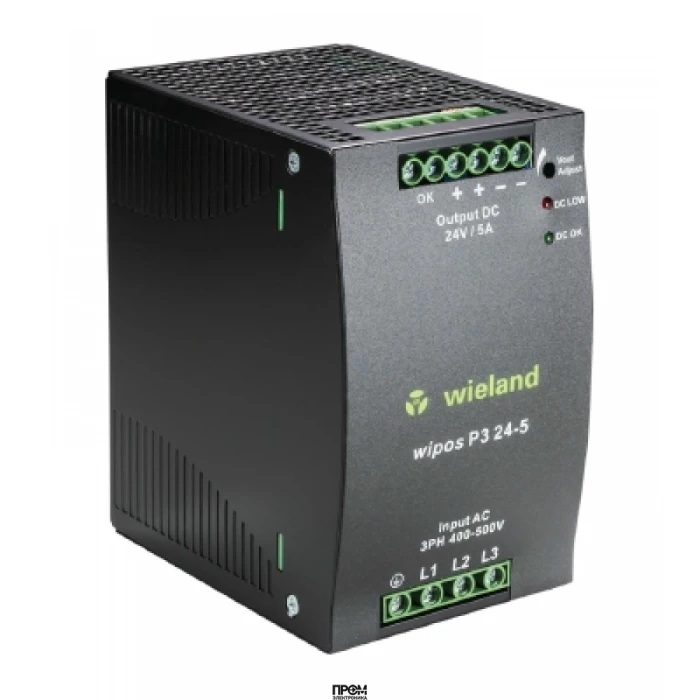 Блок питания WIPOS P1 24-5, Источник питания, однофазный, 24 V / 5 A, 142,5 W; диапазон входных напряжений: 115/230 V AC, 210 – 375 V DC; габариты (мм): ширина x высота x глубина: 64 x 124.5 x 123.6; вес 0,92 кг; монтаж: на DIN рейку, температура окружающ