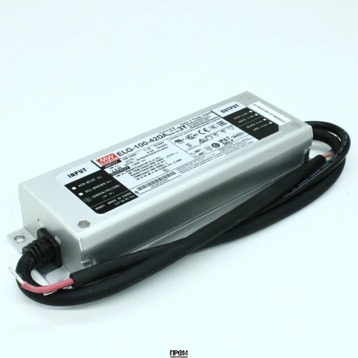ELG-100-42DA-3Y, AC-DC, 95,8Вт, IP67, вход 100…305В AC, 47…63Гц/142…431В DC, ККМ, выход 21...42В/2,28А, изоляция 3750В AC, в кожухе 199х63х35,5мм, -40…+70°С, DALI димминг, с проводом заземления