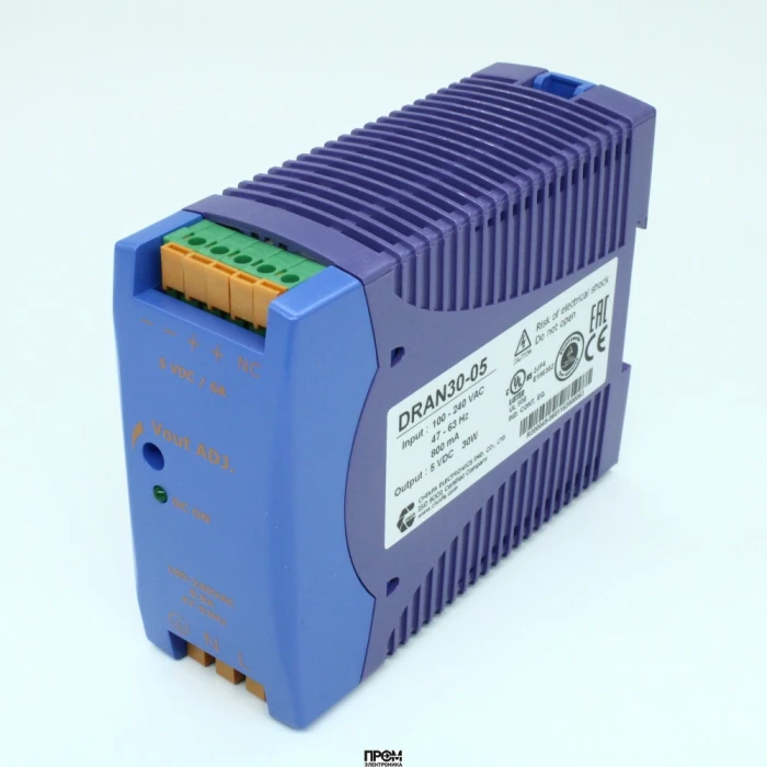 DRAN30-05, Преобразователь AC-DC на DIN-рейку 30Вт, выход 5В/6A, рег. вых=+15%Uном, вход 90…265V AC, 47…63Гц / 120...370V DC , изоляция 3000V AC, : 115х90х41мм, пружинные клеммы, -40…+71°С