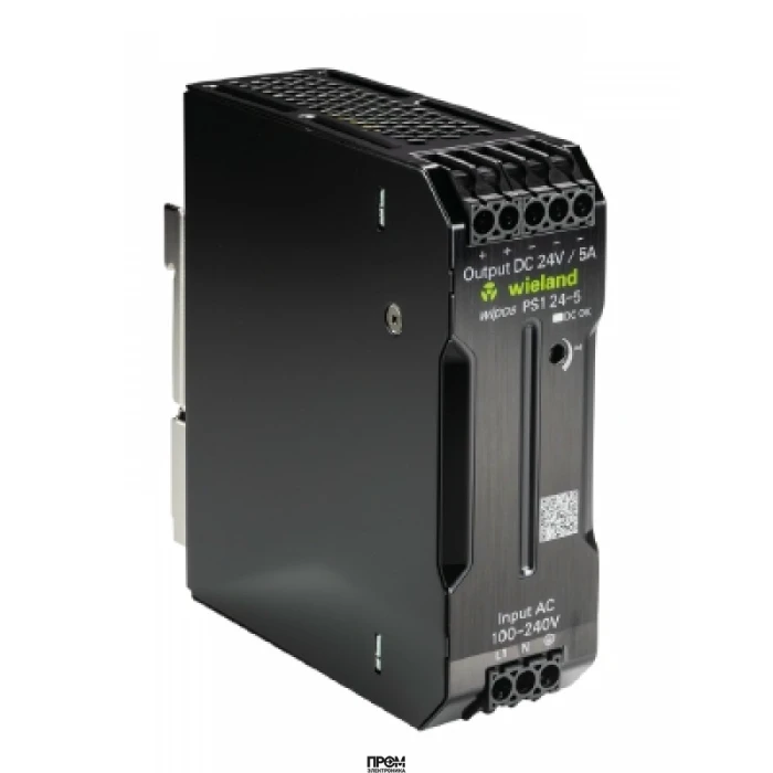 Блок питания WIPOS PS1 24-5, Источник питания, однофазный, 24 V / 5 A, 120 W; диапазон входных напряжений: 85 – 264 V AC, 90 – 350 V DC; габариты (мм): ширина x высота x глубина: 40 x 125 x 122.2; вес 0,62 кг; монтаж: на DIN рейку, температура окружающей