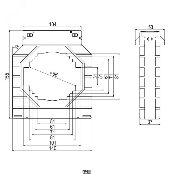 Трансформатор тока CT100 2000/5А, класс точности - 0.5S, мощность - 15ВА CT100-2000-0.5S-15, Трансформатор измерительный (трансформатор тока)