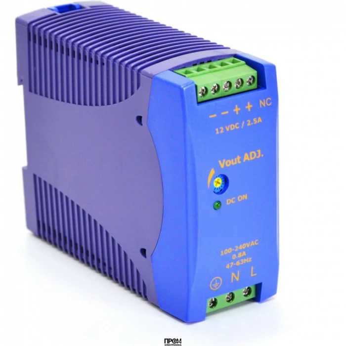 DRAN30-24A, Преобразователь AC-DC на DIN-рейку 30Вт, выход 24В/1.25A, рег. вых=+15%Uном, вход 90…265V AC, 47…63Гц / 120...370V DC , изоляция 3000V AC, : 115х90х41мм, винтовые клеммы, -40…+71°С