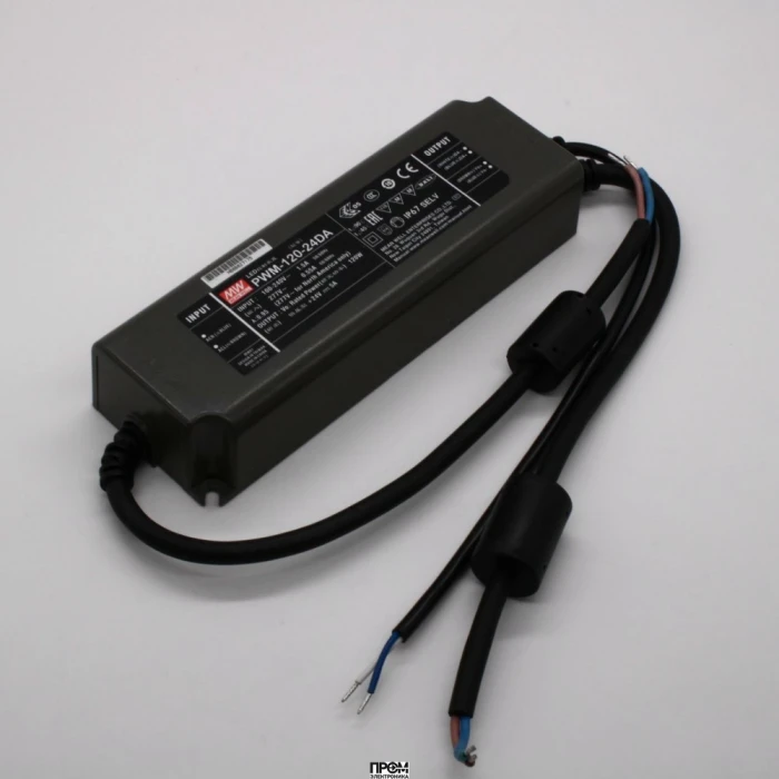 PWM-120-24DA, AC-DC, 120Вт, ККМ, IP67, вход 90…305В AC, 47…63Гц, выход 24В/5А, изоляция 3750В AC, в кожухе 191х63х37.5мм, -40…+70°С, димминг DALI, выход: стабилизированное напряжение с ШИМ