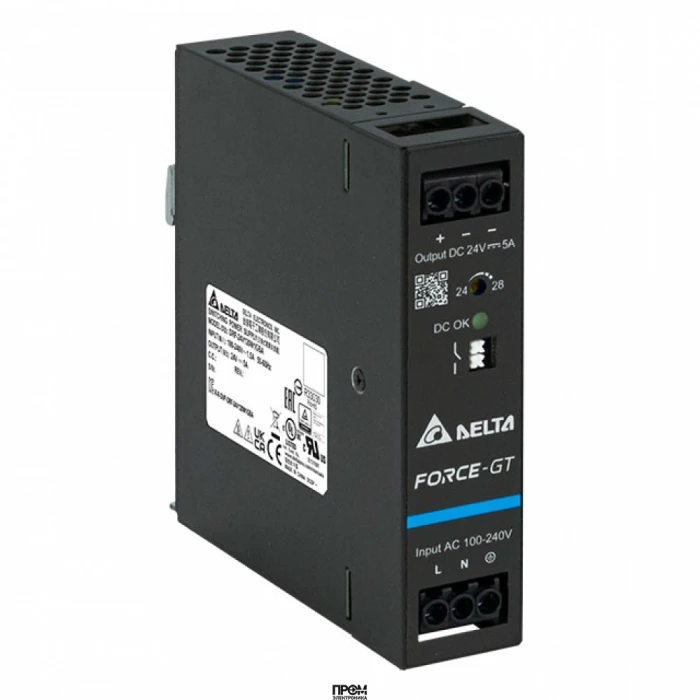 DRF-24V120W1GBA, Источник питания, однофазный, 24VDC / 5A, 120W, диапазон входных напряжений: 94 - 264VAC; габариты (мм): 123,6x30x116,8, вес 0,5 кг, монтаж: на DIN рейку