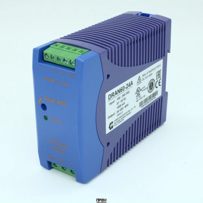 DRAN60-24A, Преобразователь AC-DC на DIN-рейку 60Вт, выход 24В/2.5A, рег. вых=+15%Uном, вход 90…265V AC, 47…63Гц / 120...370V DC , изоляция 3000V AC, : 115х90х41мм, винтовые клеммы, -40…+71°С