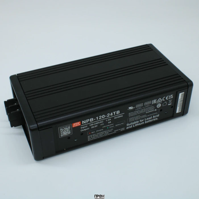 NPB-120-24TB, AC/DC зарядное устройство, 121.6 Вт, 28.8 (рег.21…30.4) В/4 (рег.2…4) А, вход 90…264VA C, 47…63Гц /127…370В DC, изоляция 3000В AC, PFC, для свинцовых (обслуживаемых, гелевых, AGM) и Li-ion (Fe, Mn), 182.7*96*49мм, -30…+70°С