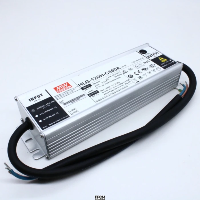 HLG-120H-C350A, AC-DC, 150Вт, IP65, вход 90…305В AC, 47…63Гц/127…431В DC, ККМ, выход 215…430В/350мА, рег. выход 157...350мА, изоляция 3750В AC, в кожухе 220х68х39, -40…+70°С