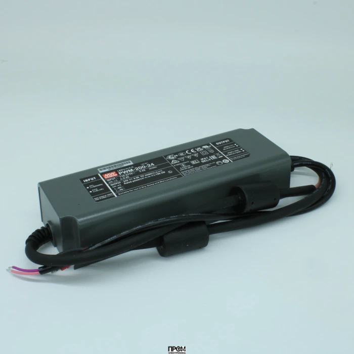PWM-200-24, AC-DC, 199.2Вт, ККМ, IP67, вход 100…305В AC, 47…63Гц /142…431В DC, выход 24В/8.3А, изоляция 3750В AC, пластиковый корпус 195х68х39.5мм, -40…+85°С, выход: стабилизированное напряжение с ШИМ, димминг 3 в 1